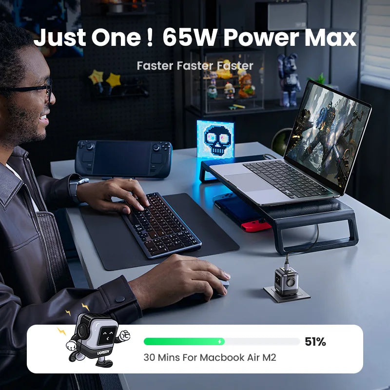 UGREEN 65W GaN Charger Uno Robot Design Quick Charge 4.0 3.0 PPS PD Fast Charger for iPhone 18 17 16 Pro Macbook  Laptop Tablet