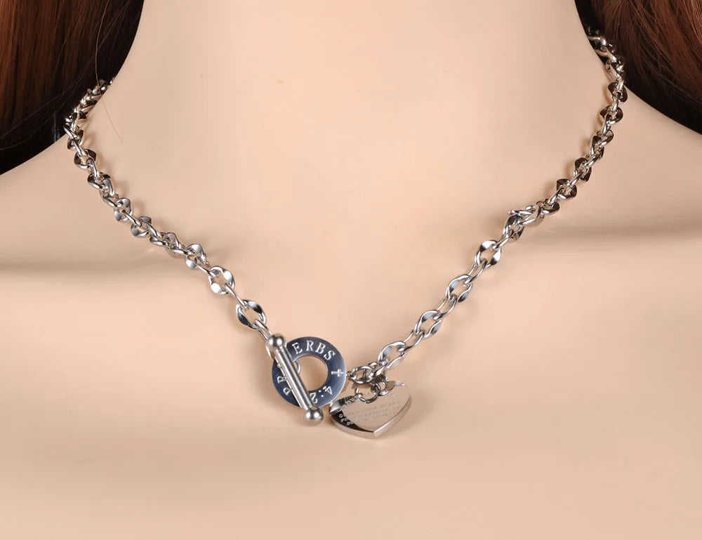 Lokaer Titanium Stainless Steel Heart Charm Pendant Necklaces Jewelry Classic Love Bible Proverbs 4:23 O-Chain Necklace N19085