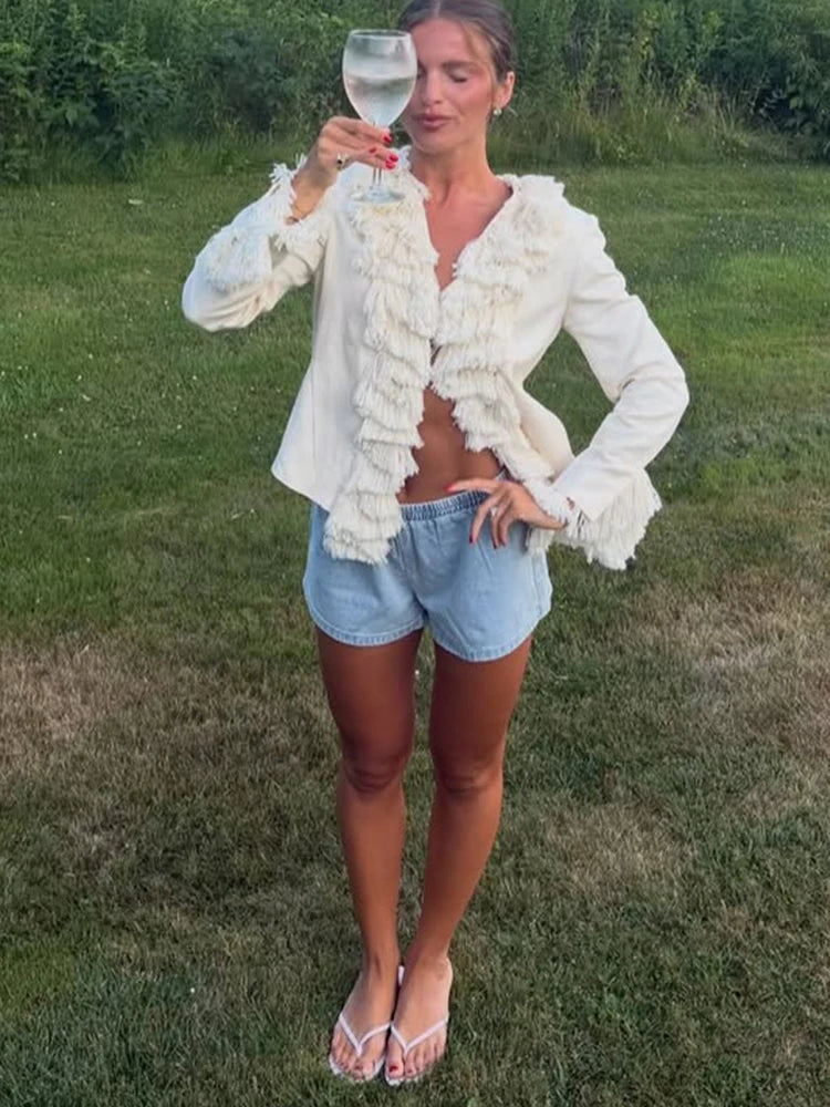 Fashion Solid Blended Women's Jacket Irregular Tassel Decoration Open Front Long Sleeves Loose Chic 2026 Autumn New Street Wear