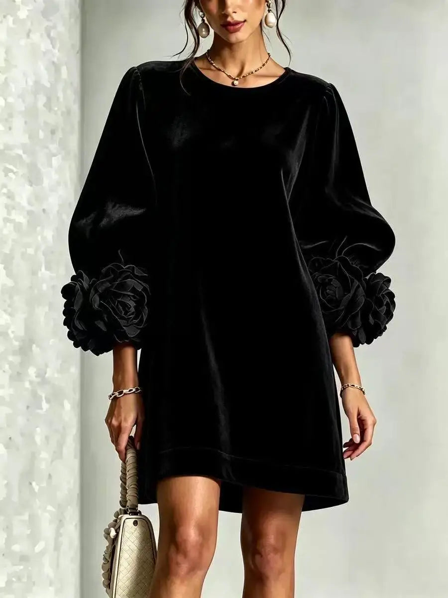 Fall Winter New Arrival Women Korean Velvet Dress, Fashion Long Sleeve Dress with 3D Stereo Floral Cuffs for Party Daily