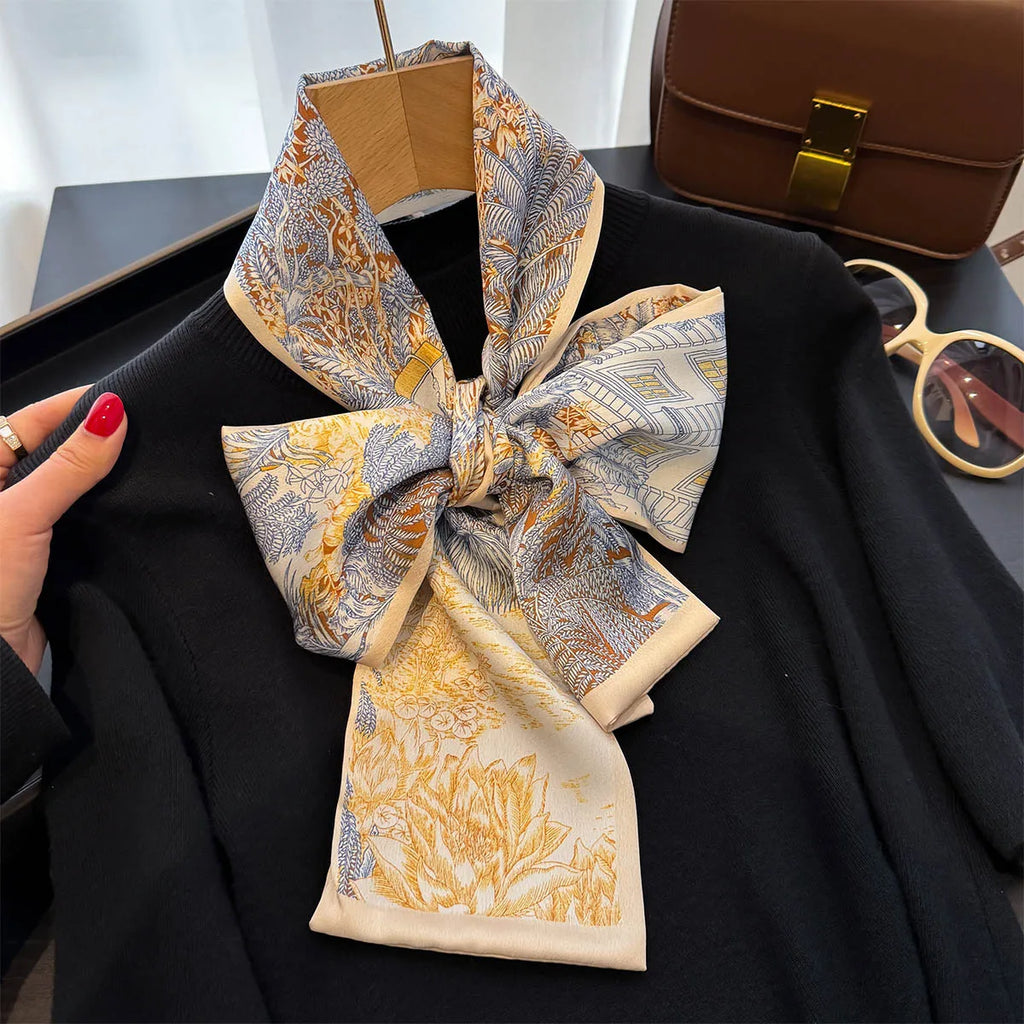 Floral Print 12*145cm Long Ribbon Silk Scarf Women Neck Scarves Headband Female Skinny Neckerchief Hair Band Neck Tie Bag Ribbon