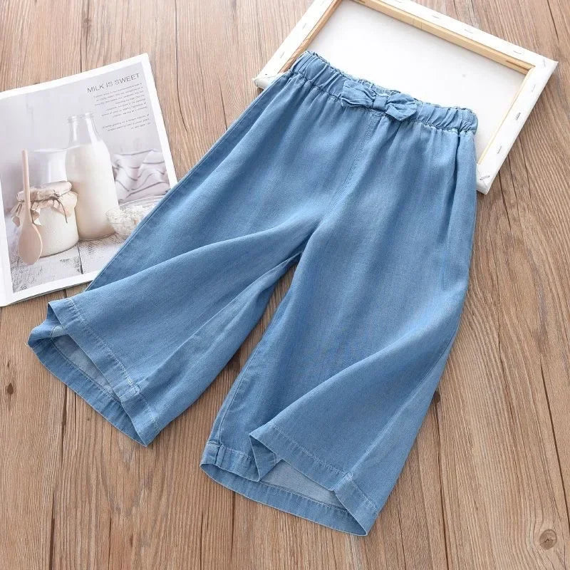 New Fashion Children Wide Leg Pants Summer Casual Thin Chiffon Cropped Trousers For Teenager Girls Clothes 2 4 6 8 10 Years