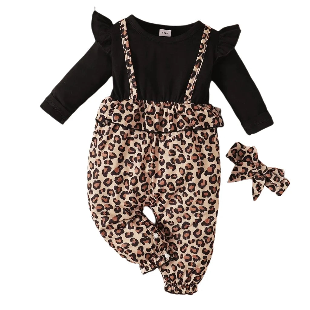 0-18Months Newborn Baby Girl Dress with Bow Long Sleeve Leopard Dresses Onesie Clothing Autumn Infant Fashion Cute Jumpsuit