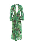 Sisterlinda Backless Long Dress Woman Autumn Trend Deep V-Neck Tiger Stripe Print Lantern Sleeve Beach Party Elegant Vestidos