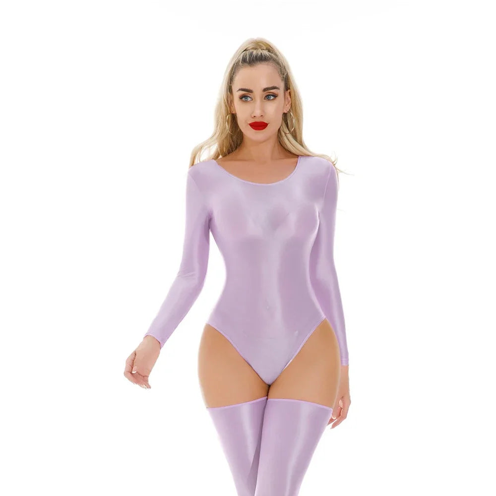 Sexy Women Stain Smooth HIgh Cut Bodysuit Oil Glossy Shiny Elastic Dance Tights Yoga Shaping Leotard One Pieces Thong