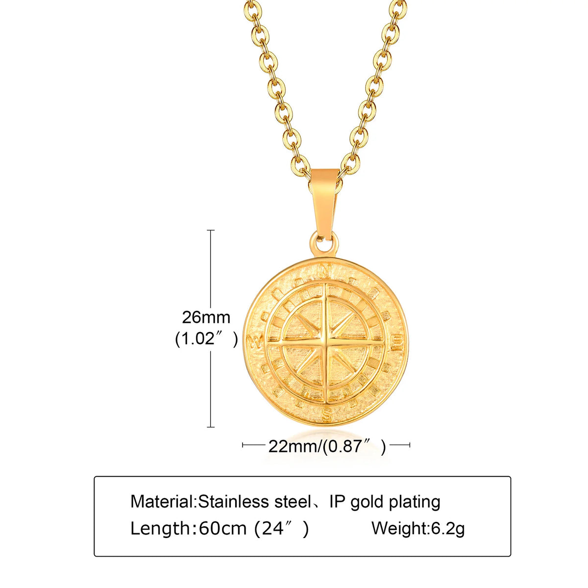 Vintage Compass Pendant Necklaces for Men Boys, Stainless Steel Coin Necklace, Rock Hiphop Collar Graduation Guide Gift