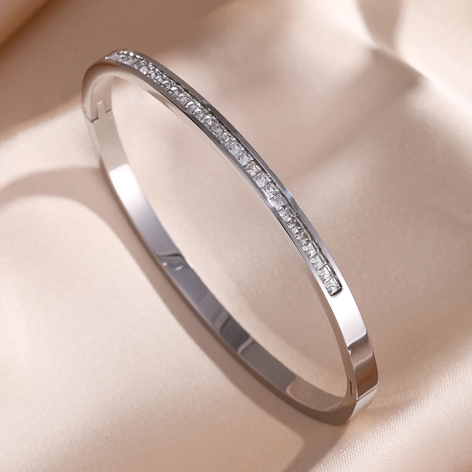 ZAKOL 5/1pcs Sparkling Zirconia Inlaid Stainless Steel Bracelet Set for Women Stackable Bangles Fashion Non Fading Jewelry Gift