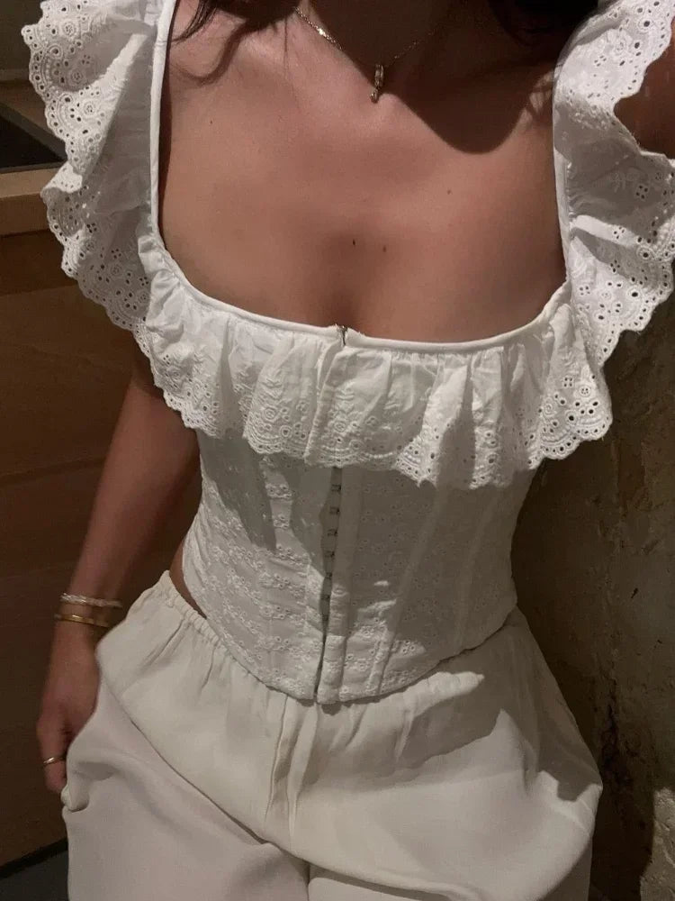 White Ruffles Backless Lace-up Tops Women Sexy Square Neck Bodycon Cropped Tops Tank Vest 2026 Summer Vocation Beach Party Wear