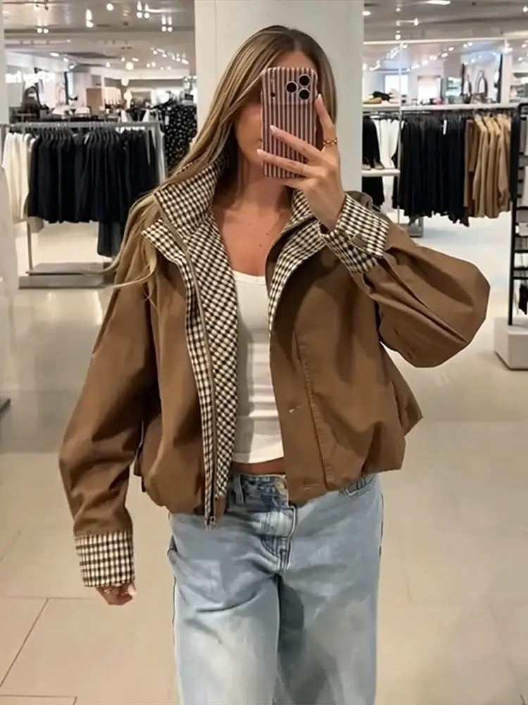 Elegant Plaid Patchwork Women's Jacket Loose Full Sleeve Stand Collar Single Breasted Outwear Female 2026 Fashion Autumn Outwear