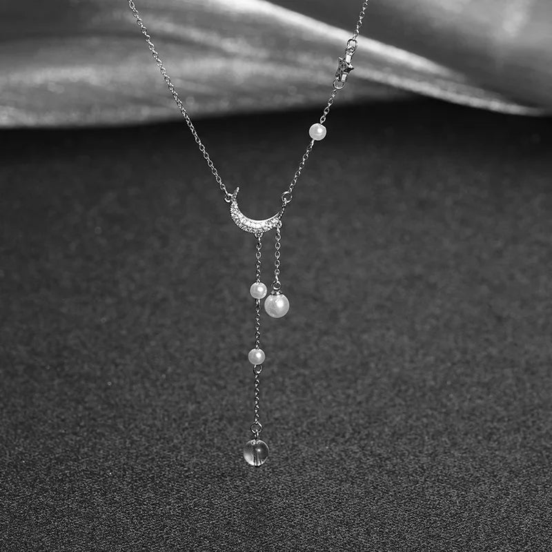 New 925 Sterling Silver Star Moon Necklace Pearl Tassel Collarbone Chain Sparkling Zircon Pendant Wedding Jewelry Accessories