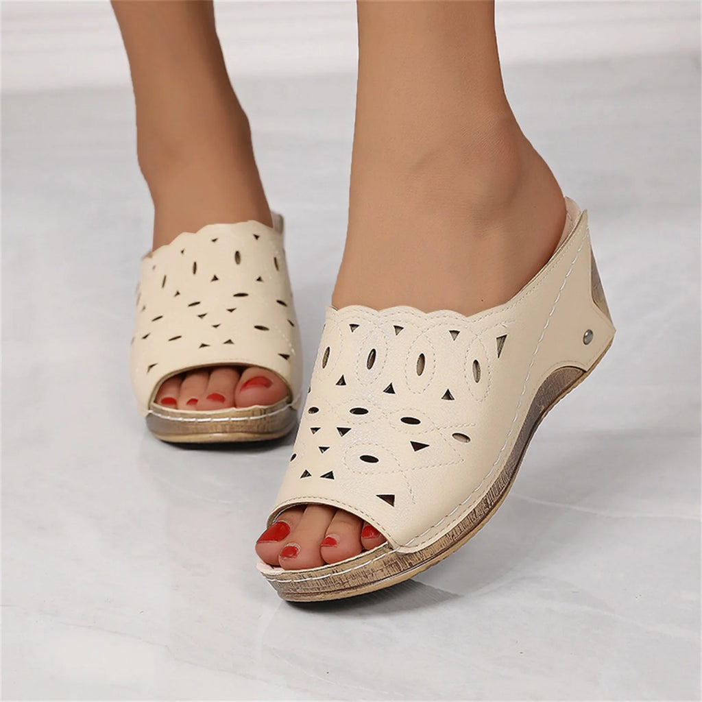 Women'S Sandals Summer 2024 Leather Hollowed Out Fish Mouth Sloping Heel  Roman Sandals Fashionable Solid Color Slippers Heels