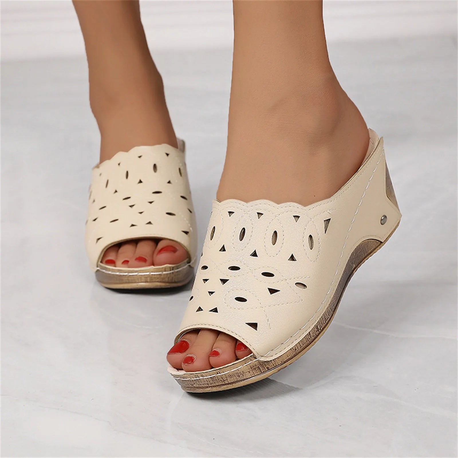 Women'S Sandals Summer 2024 Leather Hollowed Out Fish Mouth Sloping Heel  Roman Sandals Fashionable Solid Color Slippers Heels