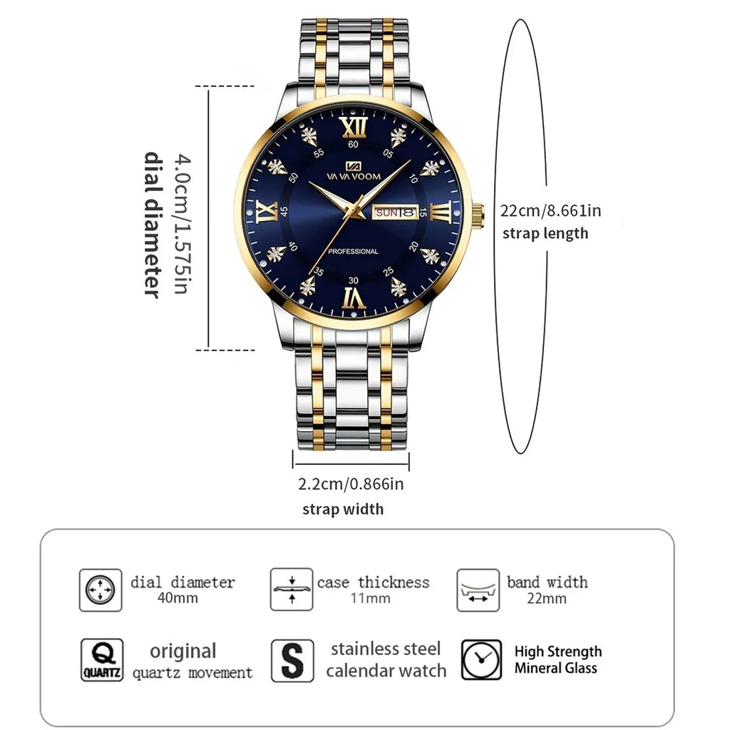 VA VA VOOM Top Brand Luxury Men Watch Week Quartz Movement Business Clock Black Stainless Steel 3Bar Waterproof Couple Men Watch