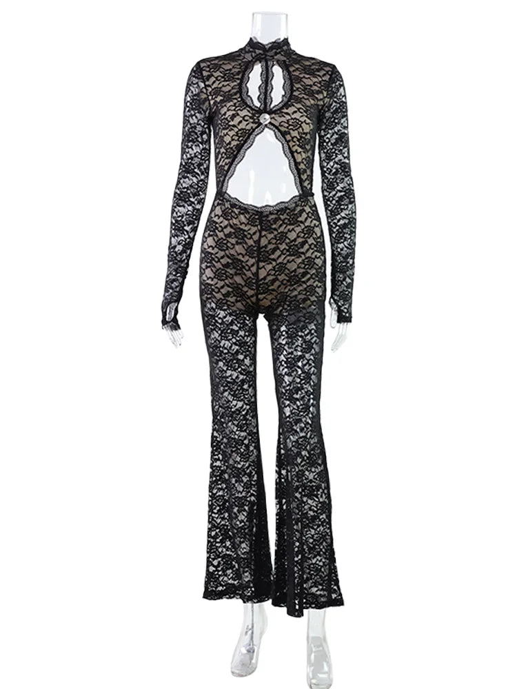 Huhugirl Lace Spliced Jumpsuit Slim Sexy Hollow Stand Collar Club Long Sleeve Fashion Designed For Women Wide Leg Jeans