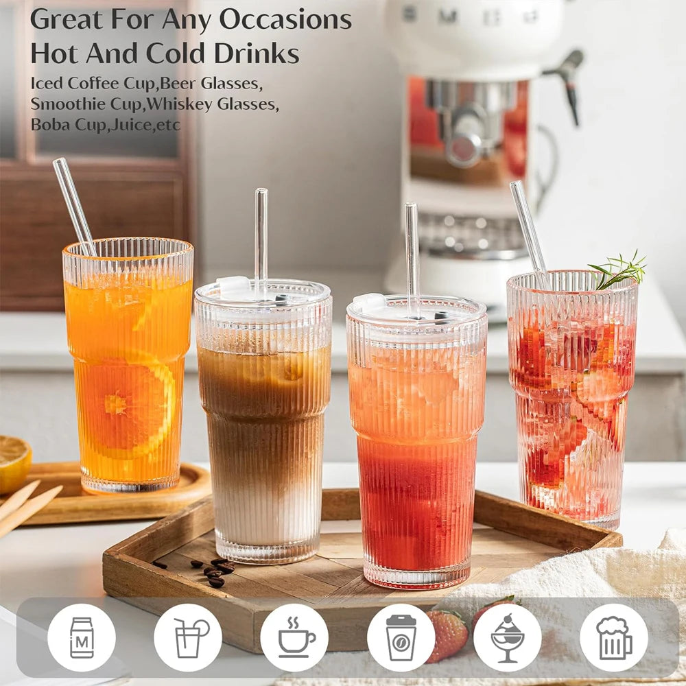 1/2/4Piece 20Ounces Glass Cup with Leak Proof Lid Thickened Glass and Glass Straw for Iced Coffee Smoothies Cocktails and Juices