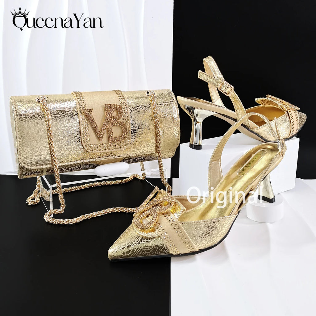 2026 Women Shiny Holographic Rainbow Slingback Heel Matching Bag Set Sparkly Rhinestone Letter Embellished Pumps for Wedding