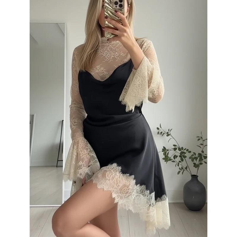 Elegant Sexy Lace Patchwork Mini Dress Women Full Flared Sleeve Waist Cinching See Through Short Dresses Lady Club Party Gowns