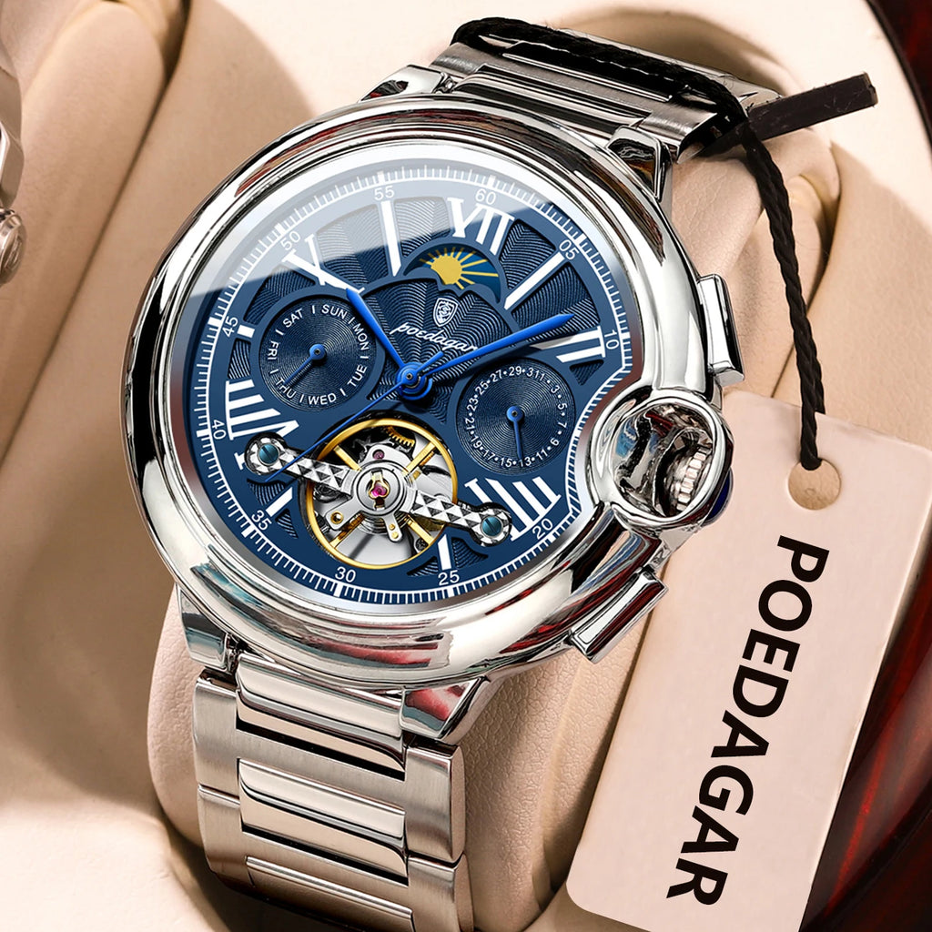 POEDAGAR Luxury Business Male Watch Date Week Stainless Steel Tourbillon Men Clock Waterproof Automatic Mechanical Men's Watches