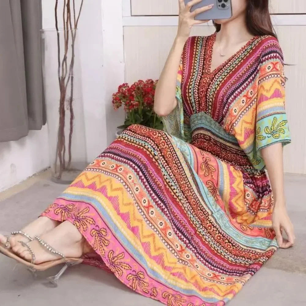 2025 Summer New Casual Elegant Retro Bohemian Style V-neck Elastic Waist Large Swing Printed Long Skirt Autumn Summer Dress