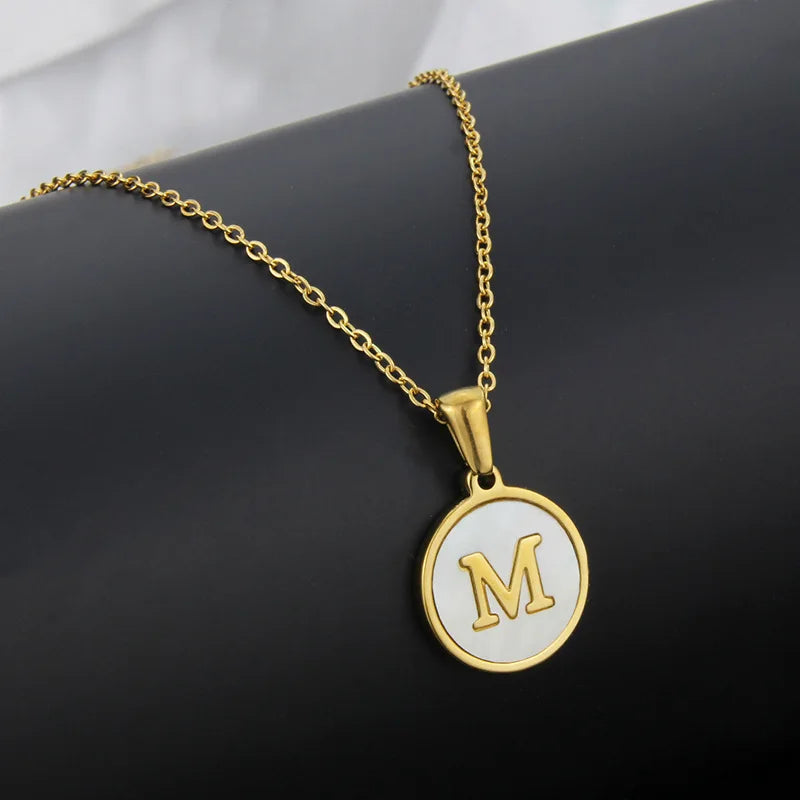 Initial Letter Necklaces for Women Trendy Stainless Steel Circle Couple Pendant Inlaid Shell Jewelry