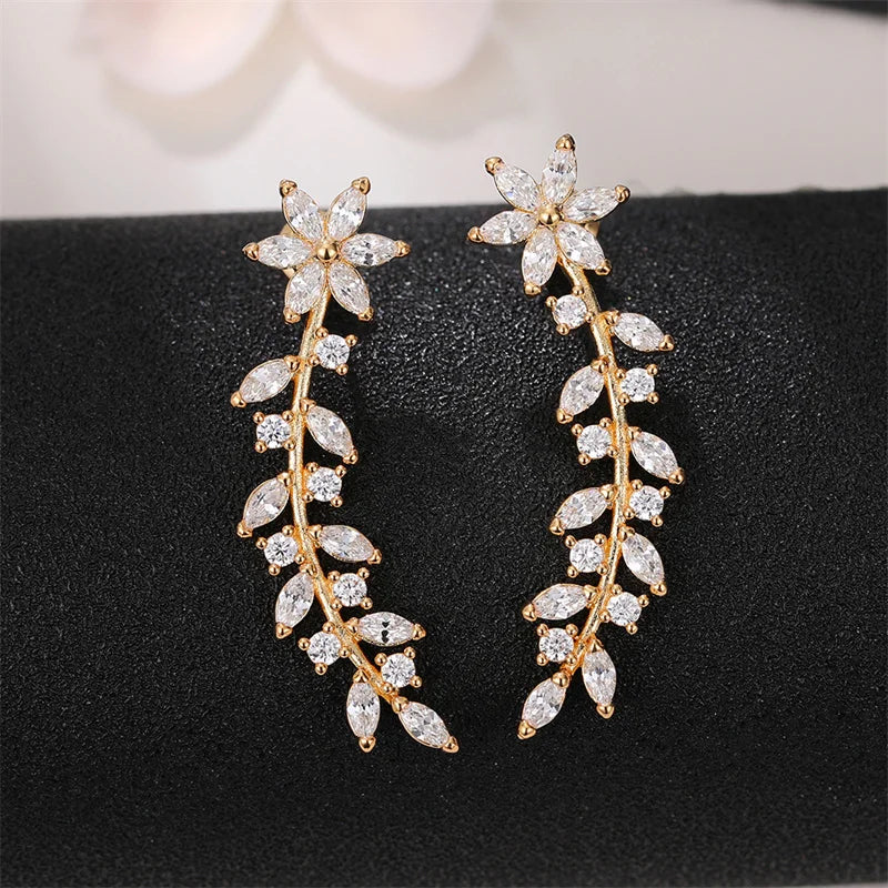 Huitan Aesthetic Flower Stud Earrings Climb Ear Earrings Exquisite Women's Ear Accessories with Dazzling CZ New Fashion Jewelry