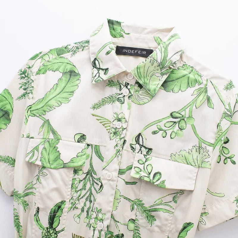 Women’s Summer Green Floral Print Short Sleeve Tie Waist Dress Casual Daily Wear Loose Fit Comfortable Style
