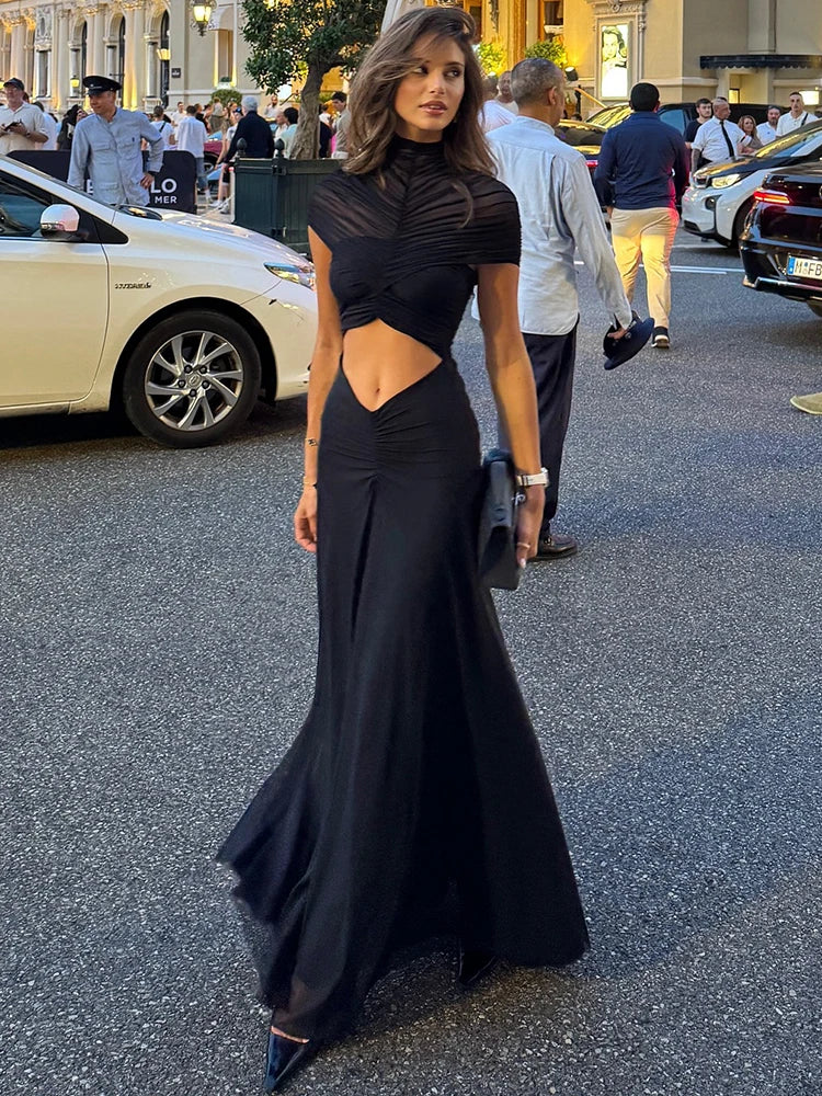 XIAOTANG Hollow Out Short Sleeve Sexy Maxi Dress Women Fashion O Neck Ruched High Waist Bodycon Club Party Long Dress Female