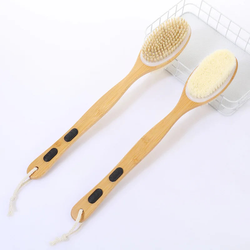 Shower brush with soft and hard bristles, double sided long handle, back scrub body exfoliator, suitable for both wet and dry us