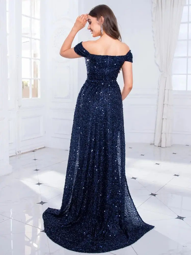 Romagic Navy Blue Slash Neck Off Shoulder Prom Gown Sequin Detachable Train Mermaid Evening Party Dresses Cocktail Dress 2025
