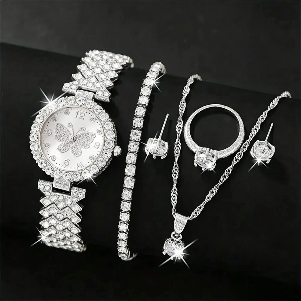 6PCS/Set Luxury Rhinestone Butterfly Women Quartz Watch Fashion Ladies Bracelet Strap Quartz Wristwatch Jewelry Set（Without Box）