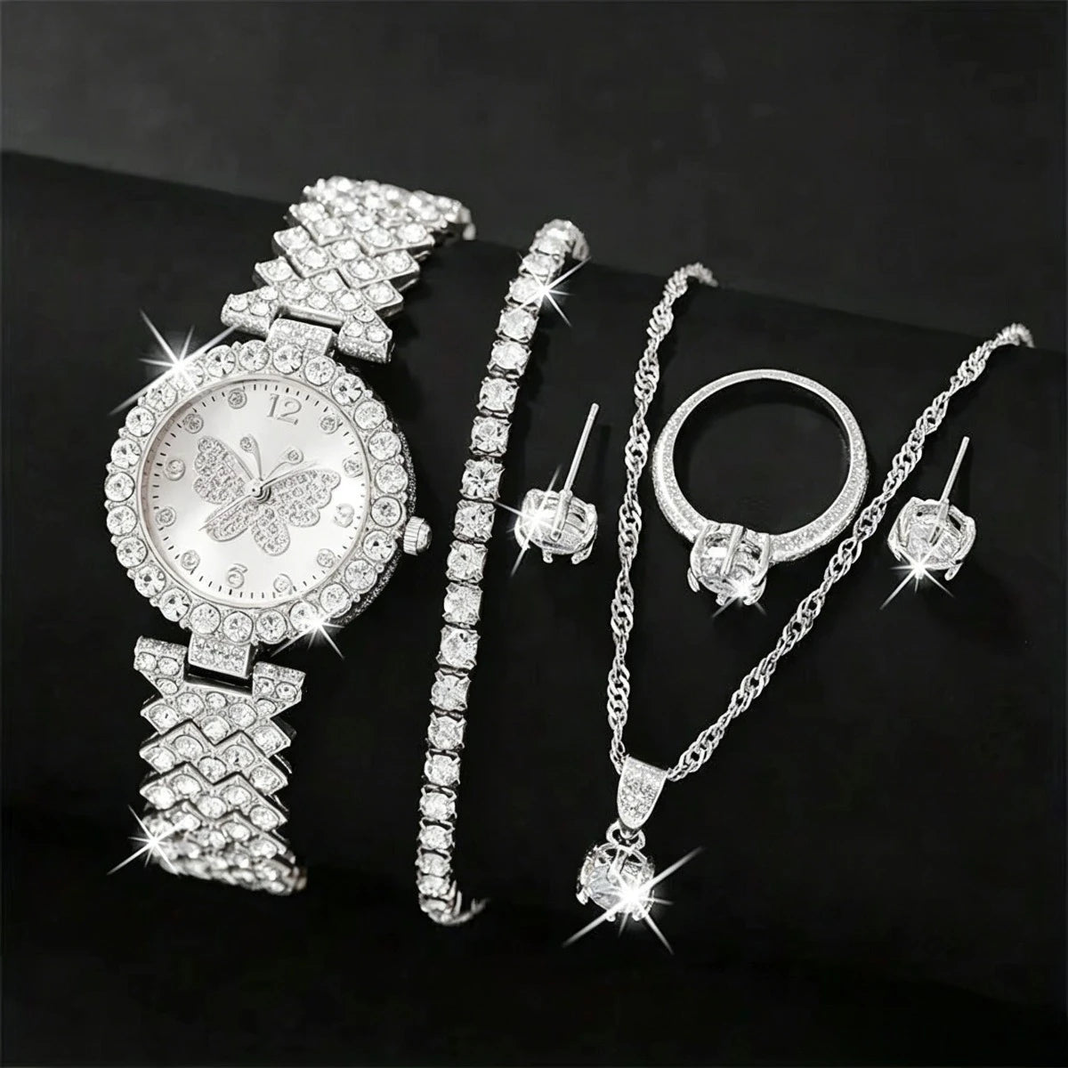 6PCS/Set Luxury Rhinestone Butterfly Women Quartz Watch Fashion Ladies Bracelet Strap Quartz Wristwatch Jewelry Set（Without Box）