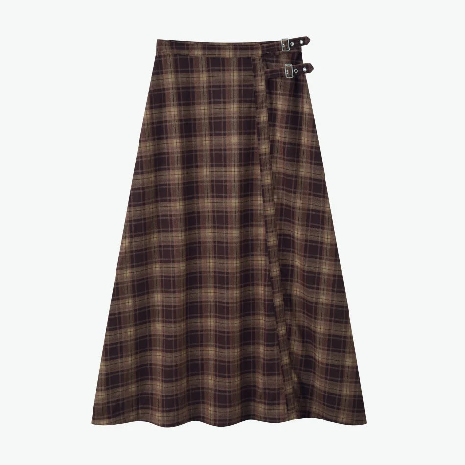 AS AW26 fashion Embroidered knit mockneck top + Plaid buckle skirt match woman clothes