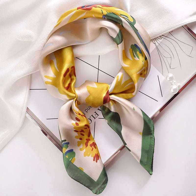 Luxury Apricot Print 70*70cm Silk Square Scarf Women Soft Satin Hairband Neckerchief Tie Female Headband Foulard Bag Ribbon Gift