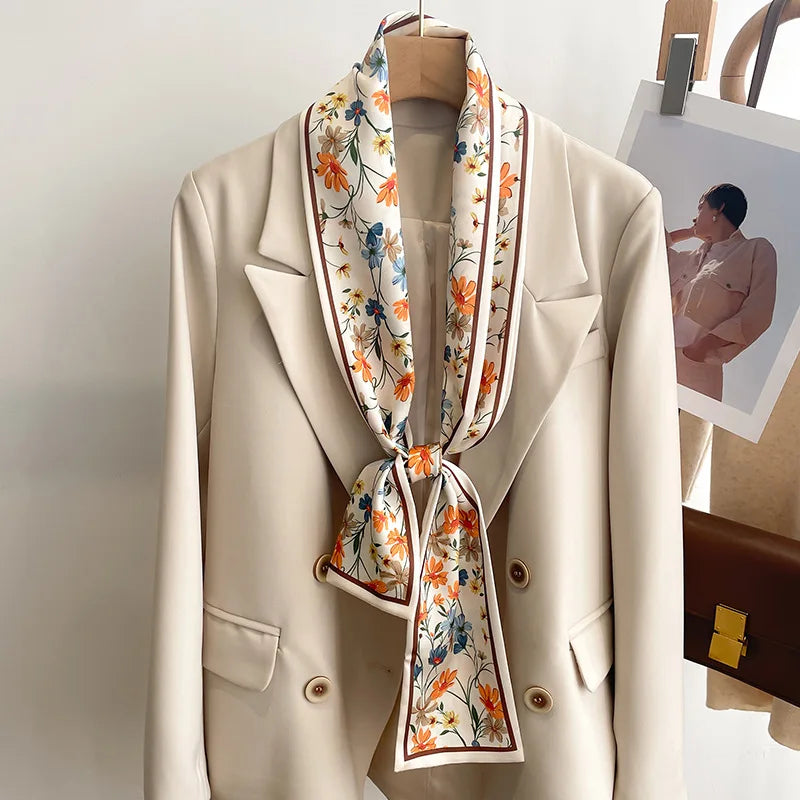 Floral Print 12*145cm Long Ribbon Silk Scarf Women Neck Scarves Headband Female Skinny Neckerchief Hair Band Neck Tie Bag Ribbon