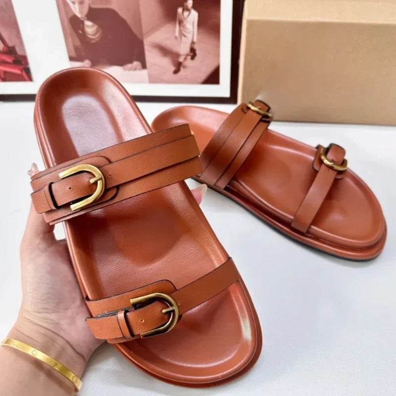 Women's Leopard Print Platform Sandals 2026 Summer Chunky Double Buckle Design Casual Beach Shoes Open Toe Flat Footwear
