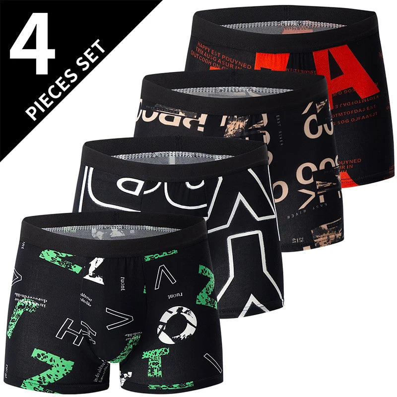4 Pieces European and American Size MEN'S FASHION Printed Boxer Underwear Comfortable Swimming Trunks Oversized Underwear Shorts