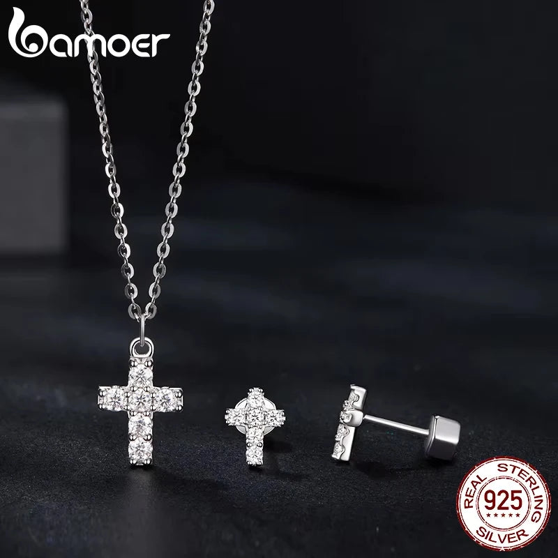 BAMOER White Gold Plated Moissanite Cross Necklace for Women, 925 Sterling Silver Small Religious Faith Cross Necklace Xmas Gift
