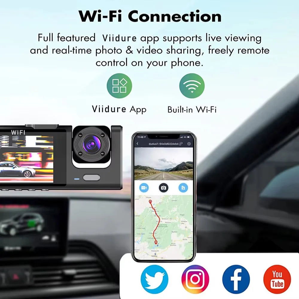1080P 3 Channel Lens WiFi Dash Cam Car DVR Interior Vehicle Camera Mini Recorder Video Registrator Dashcam Three Way Camcord