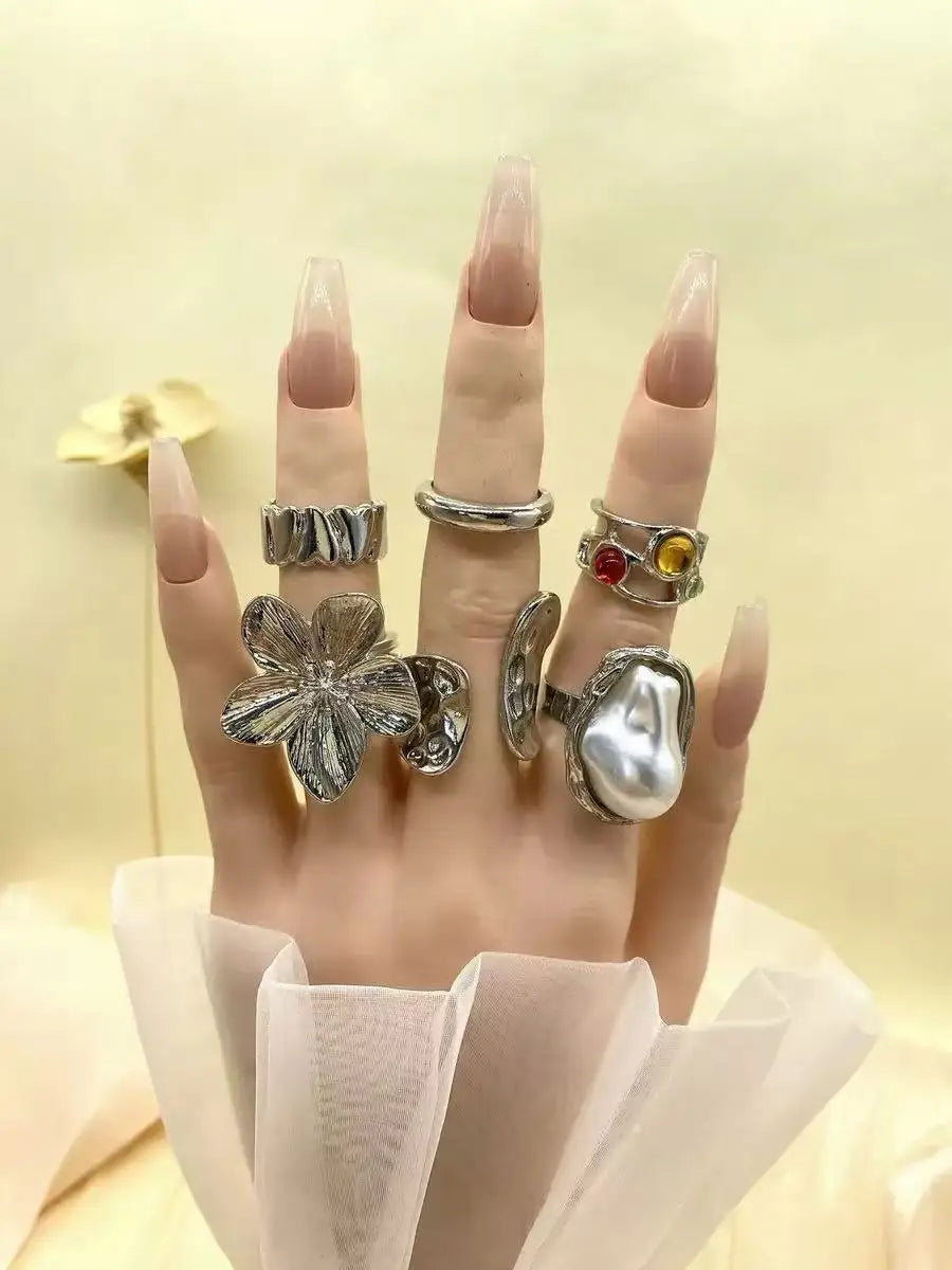 15Pcs Punk Smooth Geometric Open Rings Set For Women Exaggerated Irregular Silver Color Thick Chunky Ring Hip Hop Jewelry Gifts