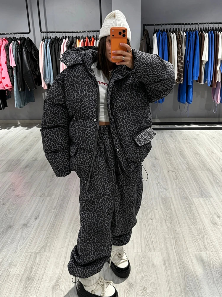 Women Winter Two‑Piece  Leopard Print Hooded Puffer Jacket Outfit Loose Cuffed Jogger Pants Warm Casual Streetwear Matching Set
