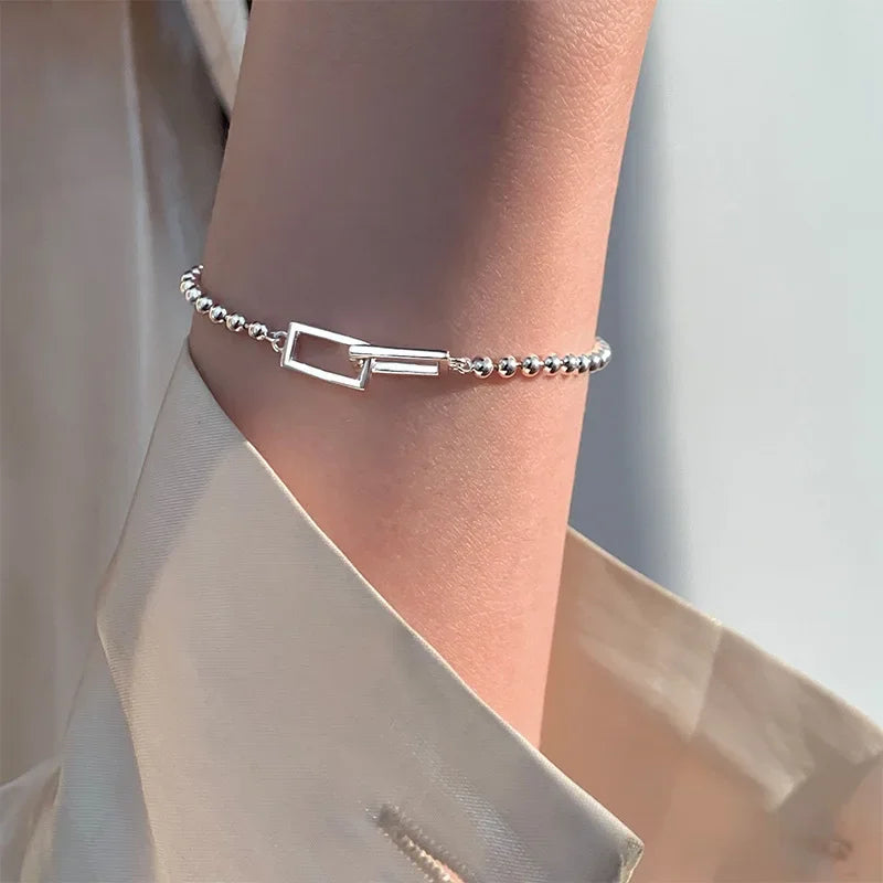 925 Sterling Silver Geometric Square Round Bead Bracelet For Women Personality Temperament Simple Hand Jewelry Party