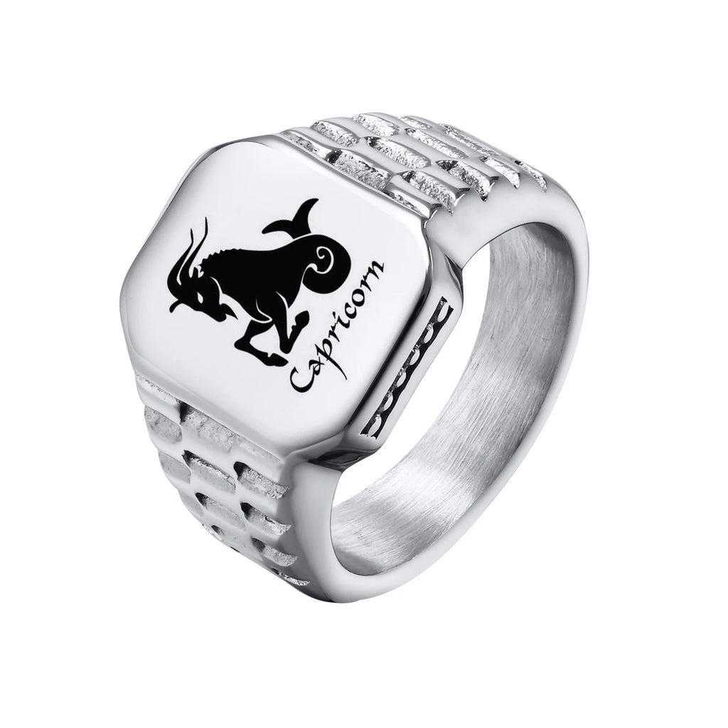 Free Custom 12 Zodiac Signet Rings for Men,Personalized Stainless Steel Finger Birthday Gift to Dad Father Husband Son