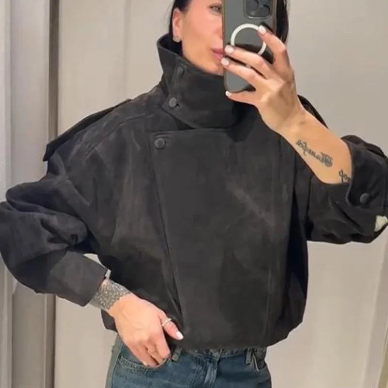 Fashion Dark Gray Suede Bomber Jacket Women Stand Collar Full Sleeve Oversize Asymmetric Street Coats 2026 Autumn Lady Jackets