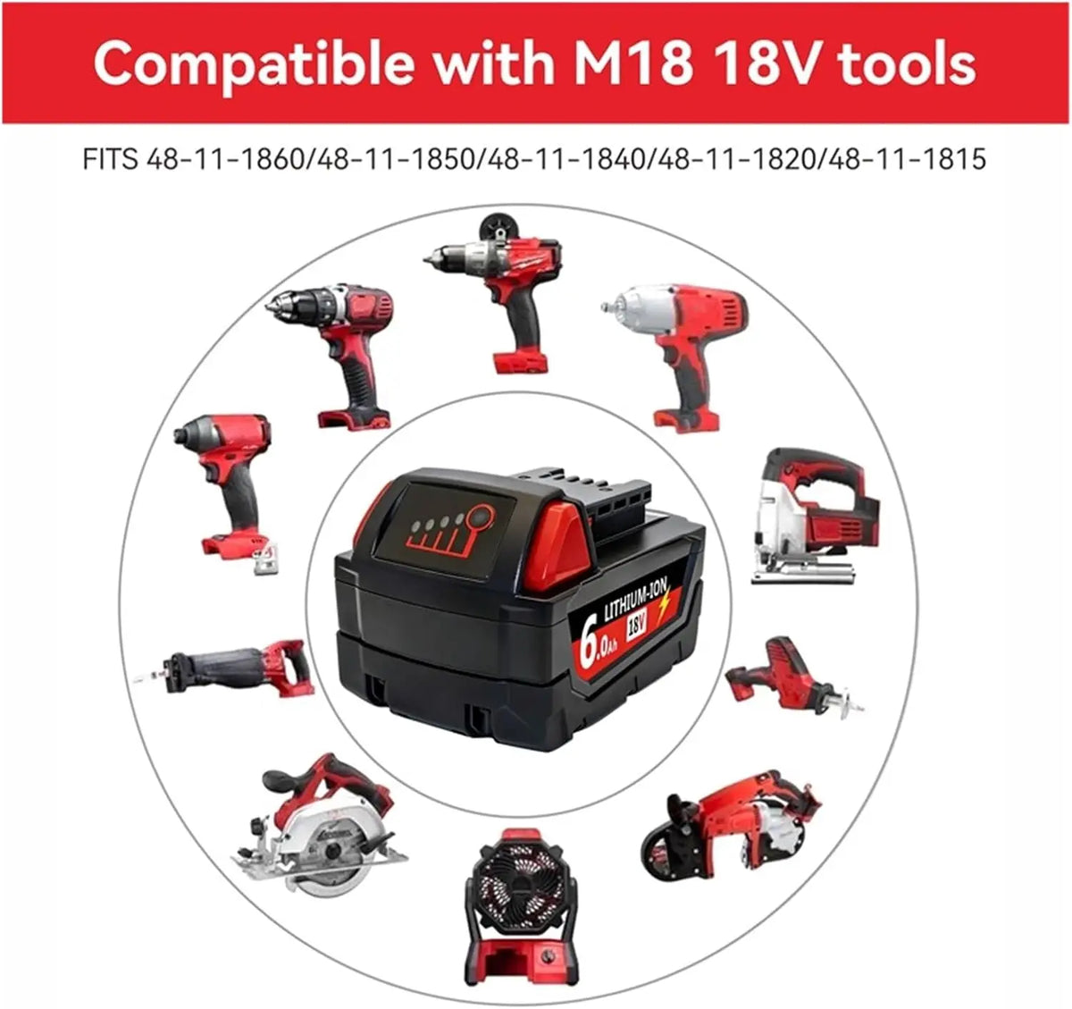 For Milwaukee M18 Power Tool Battery, Charger, BR, XC, 18V 6.0Ah M18B5, 48-11-1860, Milwaukee 18V Battery Built-in 18650 Battery