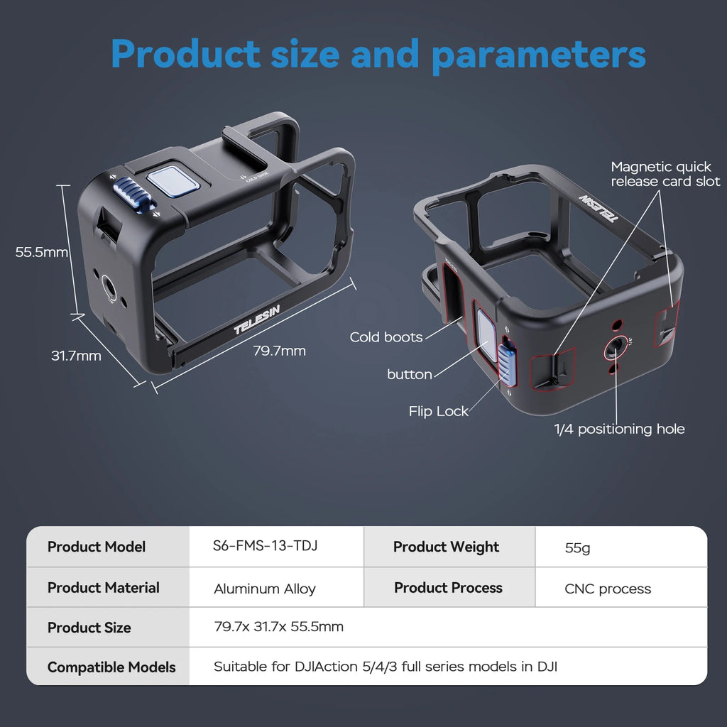TELESIN Protective Frame Case For DJI OSMO Action 3 4 5Pro Double Clod Shoe Aluminium Alloy shell For DJI Action 3 4 5pro