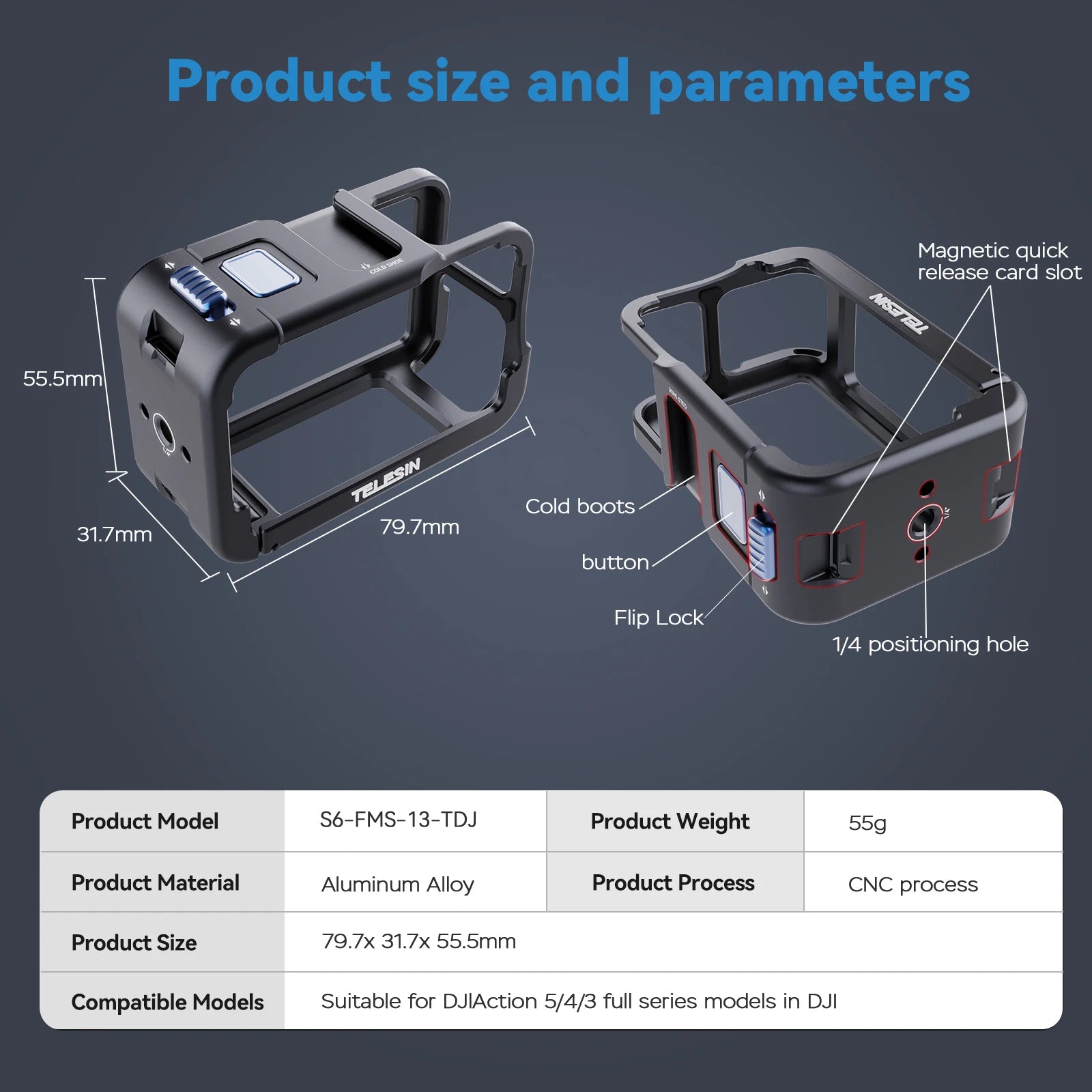 TELESIN Protective Frame Case For DJI OSMO Action 3 4 5Pro Double Clod Shoe Aluminium Alloy shell For DJI Action 3 4 5pro
