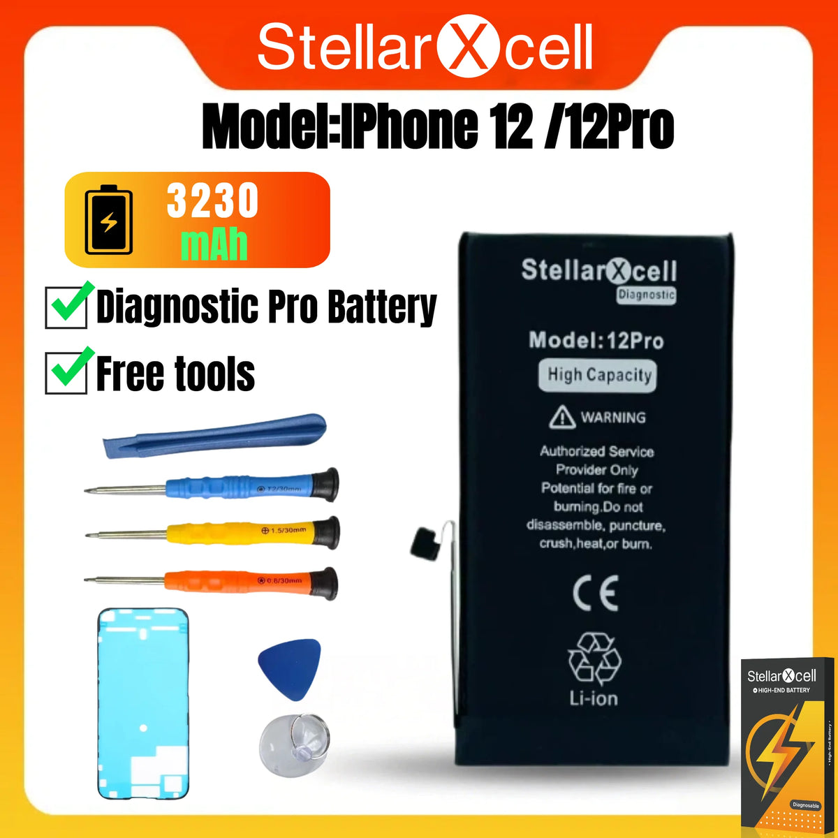 StellarXcell Diagnostic Battery Show Genuine Part No Pop Up Message for iPhone 12mini 13Pro 14Plus 15Promax Battery Replacement