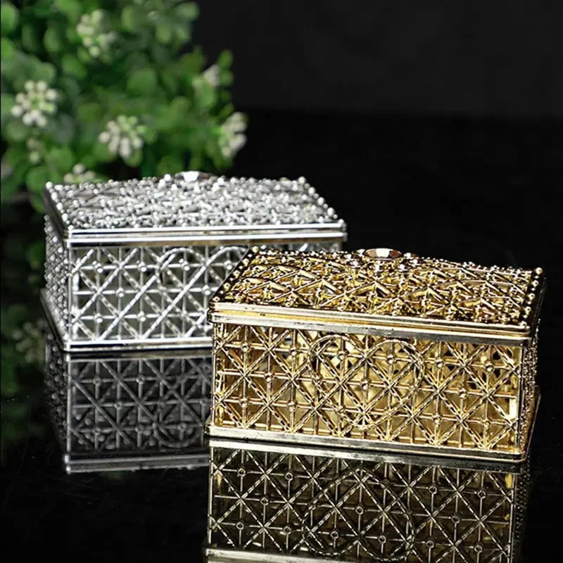 2Pcs Mini Treasure Jewelry Box Silver Hollow Flower Pattern Storage Case for Necklace Earring Ring