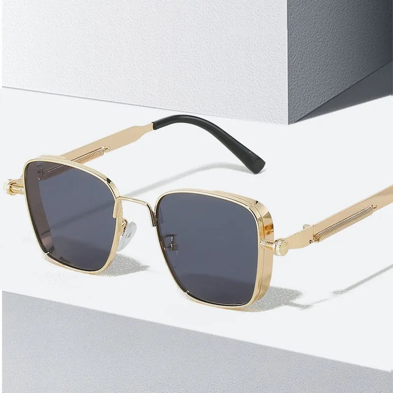 Men Driving Sunglasses Vintage Steampunk Square Sunglasses Metal Frame with Spring Hinges Women Eyepiece Trendy Driver Glasses