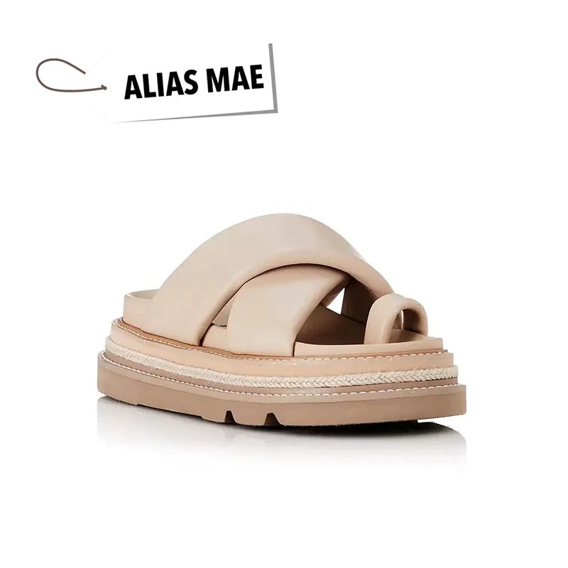 ALIAS MAE 2024 Summer Classic Leather Cross with Round Head Flat Bottom Women's Casual Comfortable Slippers